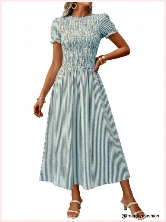 Dresses & Skirts - Striped Smocked Midi Dress with Puff Sleeves A-Line Flowy